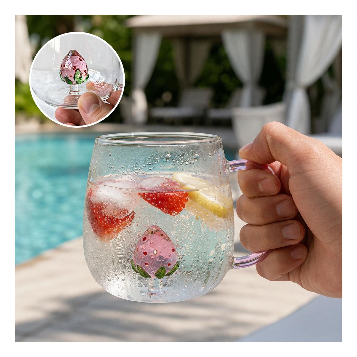 PACK6 VASO TRANSPARENTE CON FRESA Y ASA ROSADA PARA CAFE Y BEBIDAS EN EL HOGAR YPAPEL REGALO - 3