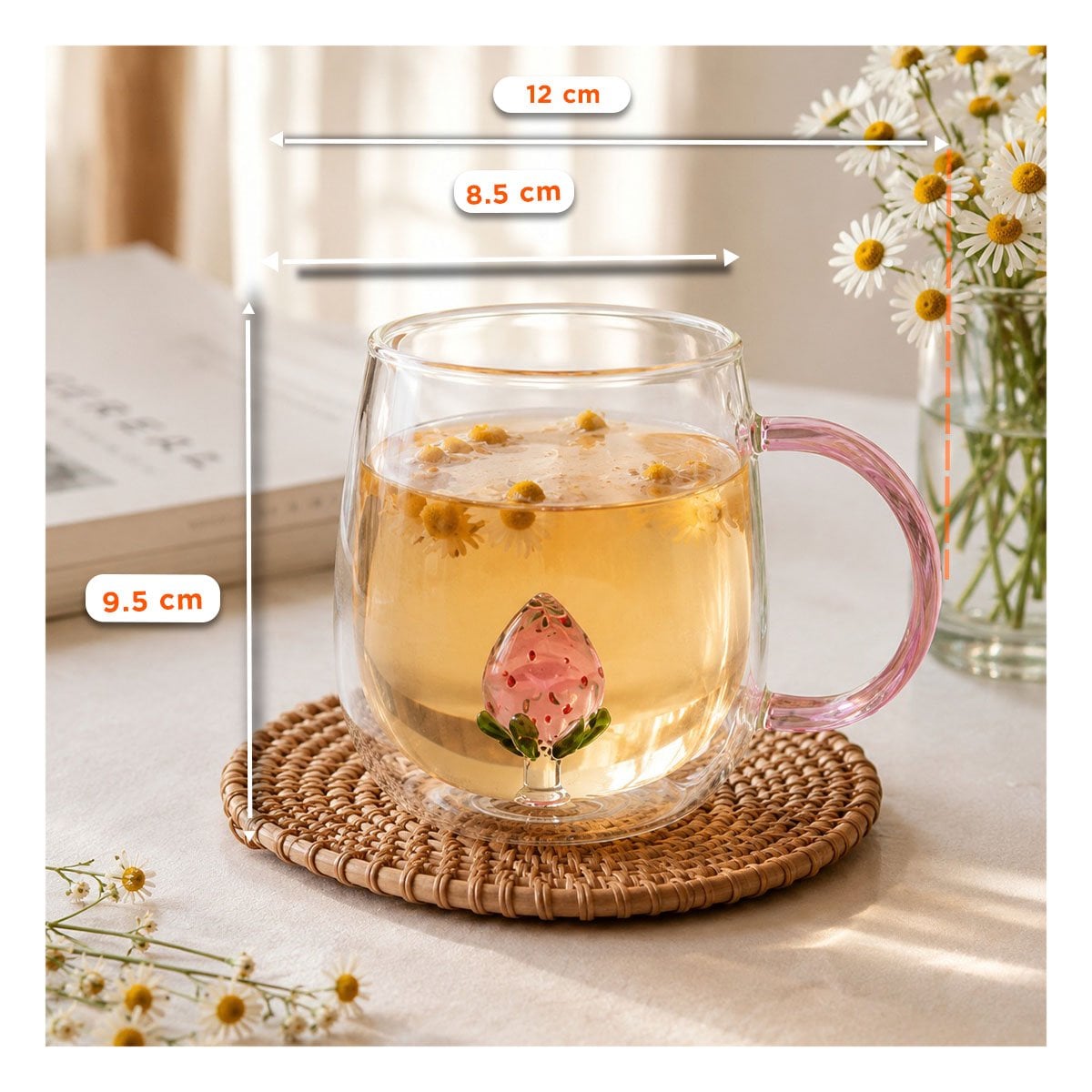 PACK4 TAZA DE FRESA CON ASA ROSADA TRANSPARENTE PARA DESAYUNOS Y BEBIDAS EN CASA - 2