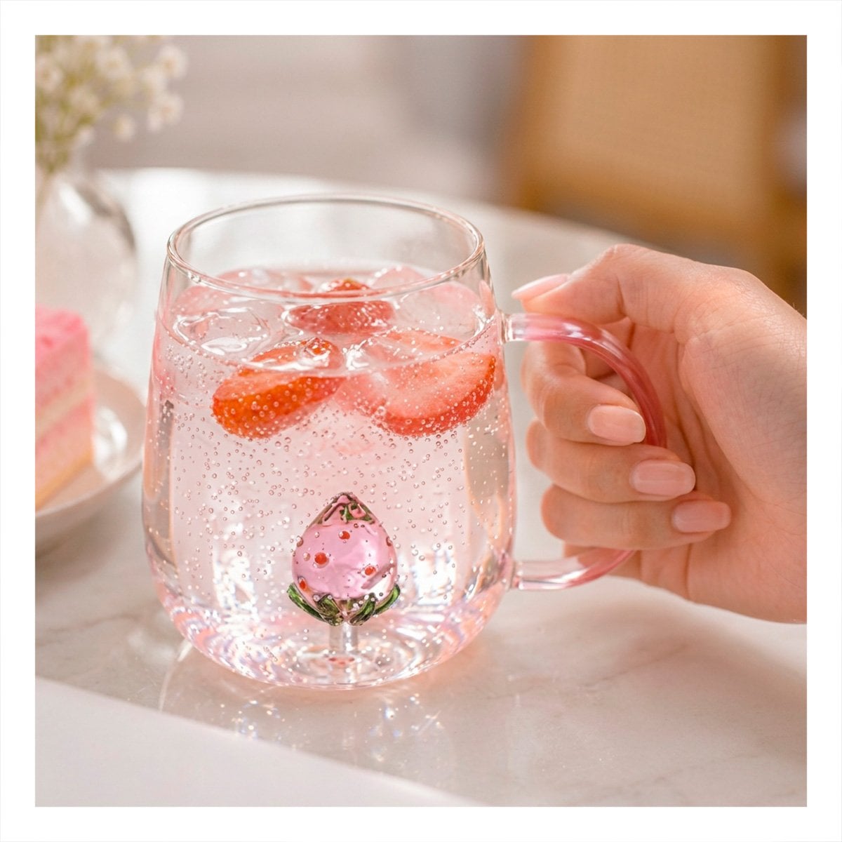 PACK4 TAZA DE FRESA CON ASA ROSADA TRANSPARENTE PARA DESAYUNOS Y BEBIDAS EN CASA - 3