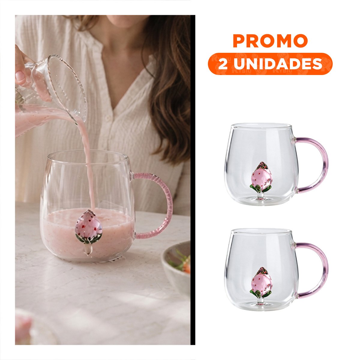 PACK2 TAZON CON ASA ROSADA PARA DESAYUNOS Y FRESA ADENTRO TRANSPARENTE YREGALO STICKER - 1