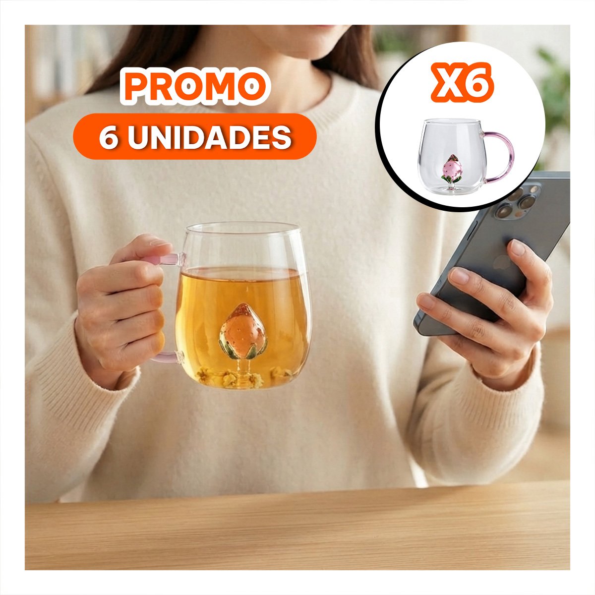 PACK6 ENVASE PARA USO DIARIO CON ASA ROSADA TRANSPARENTE Y FRESA YREGALO STICKER - 1