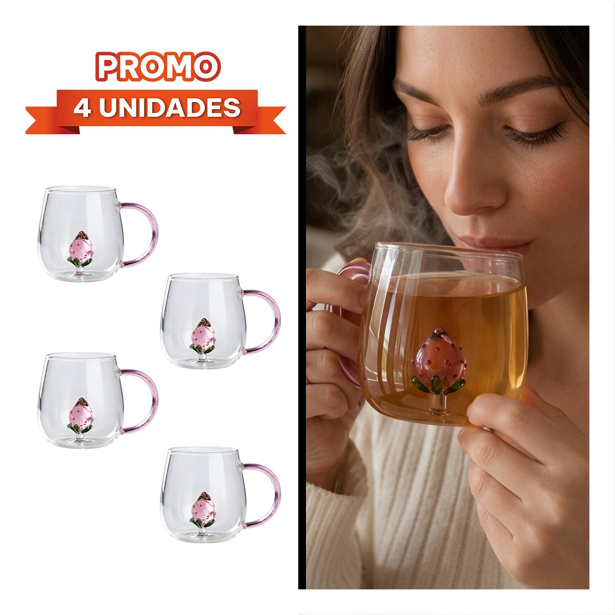 PACK4 ENVASE CON FRESA ADENTRO TRANSPARENTE PARA BEBIDAS FRIAS Y ASA ROSADA YREGALO STICKER - 1