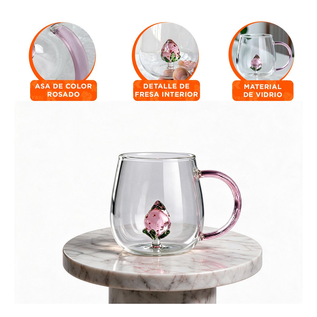 TAZON PARA BEBIDAS EN CASA CON FRESA ADENTRO Y ASA ROSADA TRANSPARENTE Y LIGAS REGALO - 4