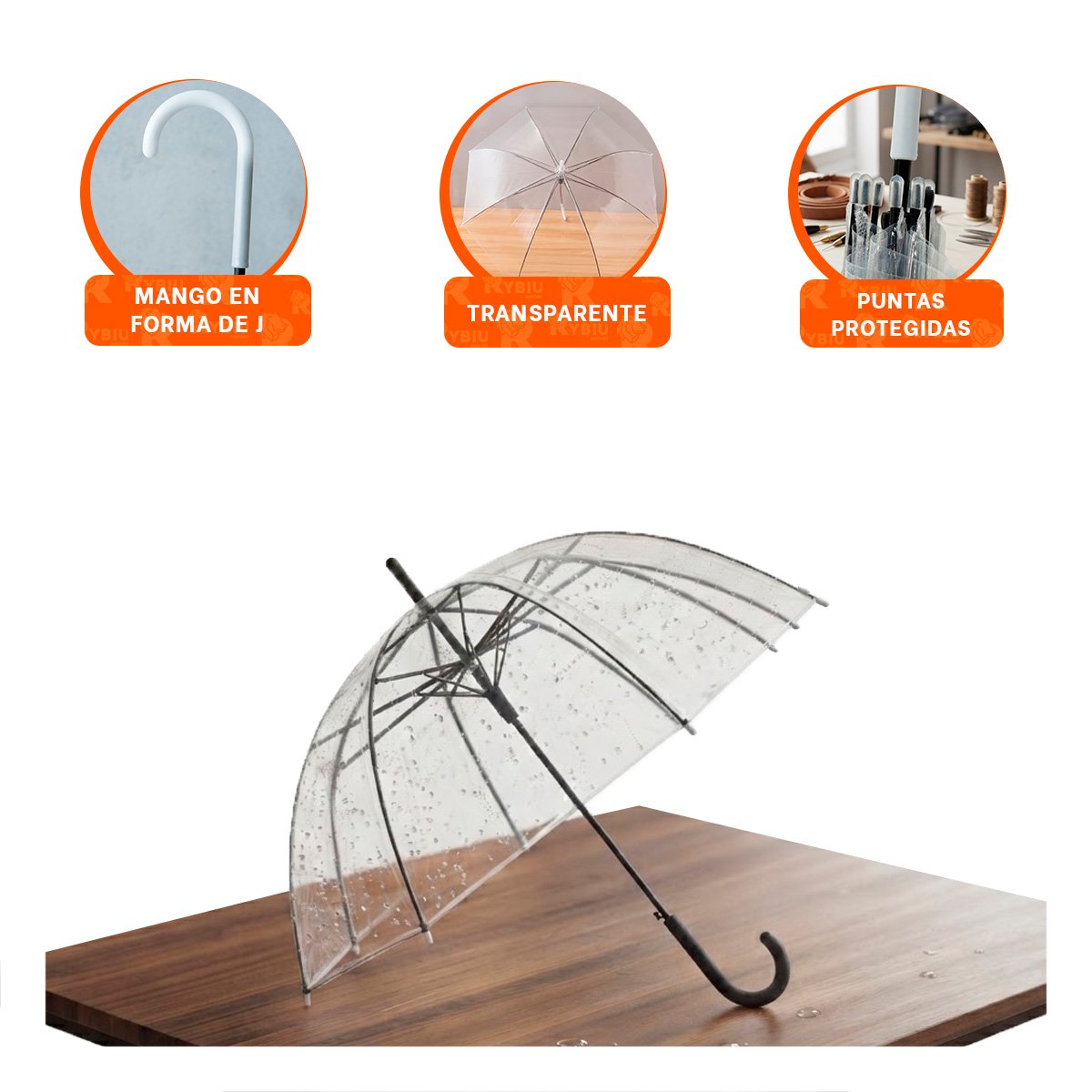 SOMBRILLA LARGA TRANSPARENTE PARA LLUVIA CON MANGO ERGONOMICO Y RESISTENTE Y PAPEL REGALO - 4