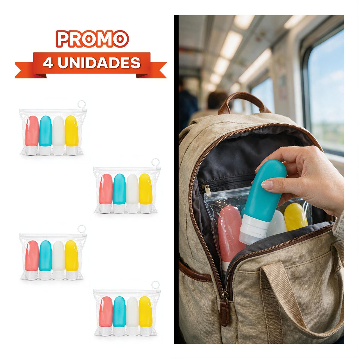 PACK4 KIT 4 BOTELLAS DE VIAJE MULTICOLOR PARA CREMAS EN EQUIPAJE MODERNO YREGALO STICKER - 1