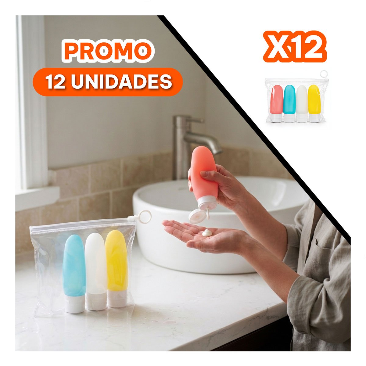 PACK12 COLECCION 4 BOTELLAS DE VIAJE MULTICOLOR PARA ASEO PERSONAL DE CASA YREGALO STICKER - 1