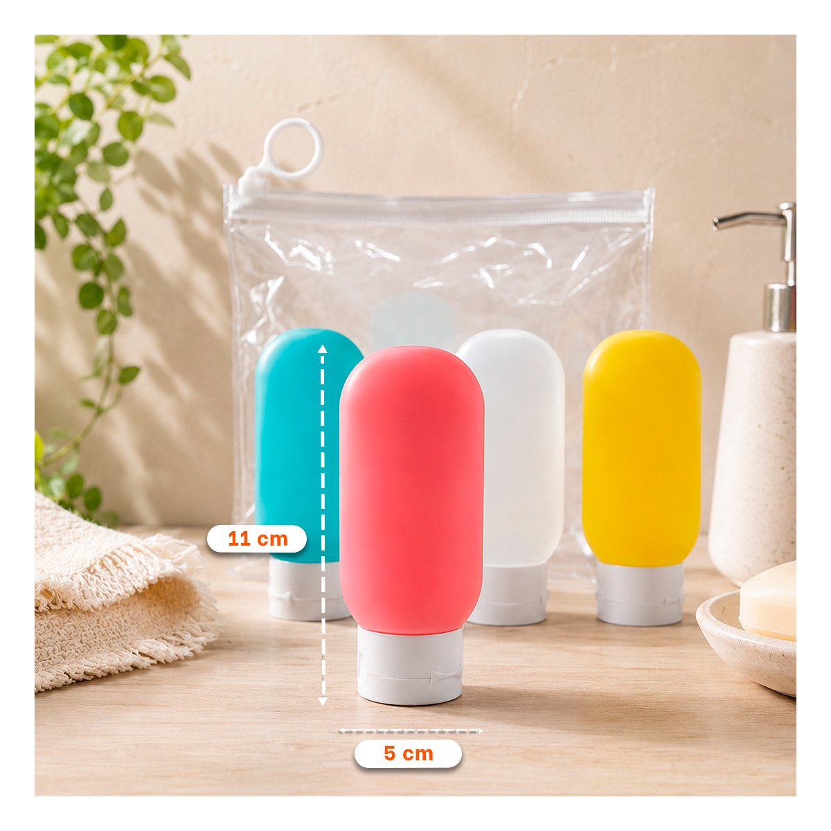 PACK4 ORGANIZADOR 4 BOTELLAS DE VIAJE MULTICOLOR PARA ASEO PERSONAL DE CASA FINA - 2