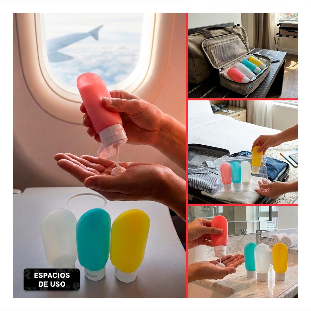 PACK4 ORGANIZADOR 4 BOTELLAS DE VIAJE MULTICOLOR PARA ASEO PERSONAL DE CASA FINA - 4