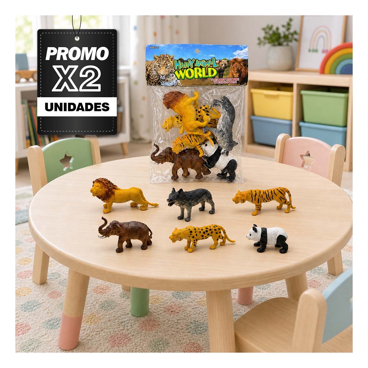 PACK2 PAQUETE BOLSA ANIMALES SILVESTRES 6 PIEZAS MULTICOLOR CON DISENO UNICO EN CASA - 1