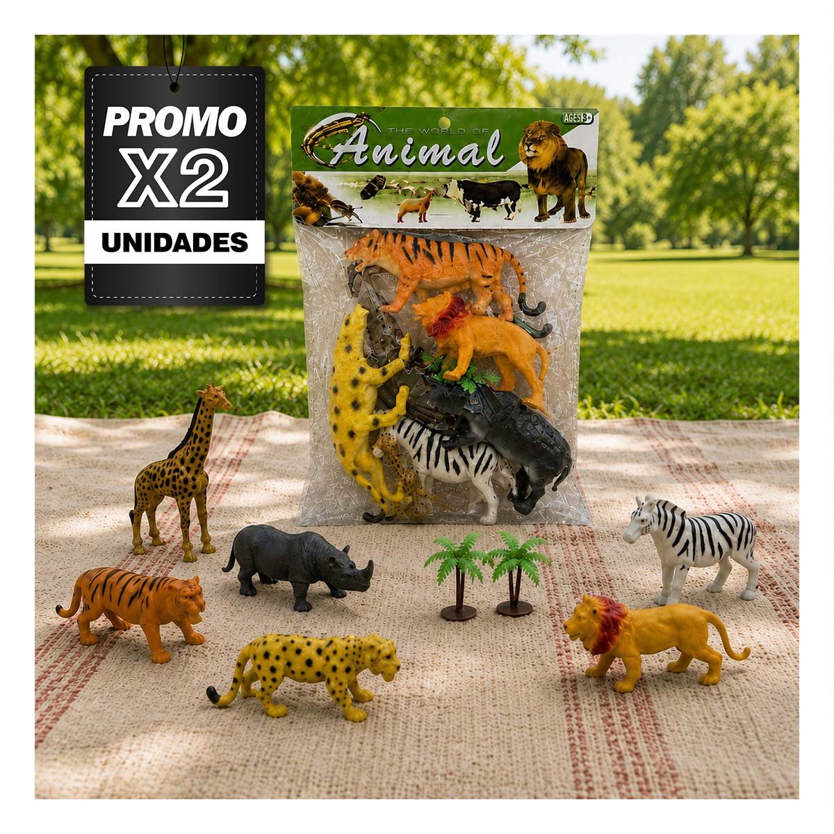 PACK2 KIT BOLSA ANIMALES SILVESTRES 6 PIEZAS Y 2 PALMERAS MULTICOLOR DE JUGAR - 1