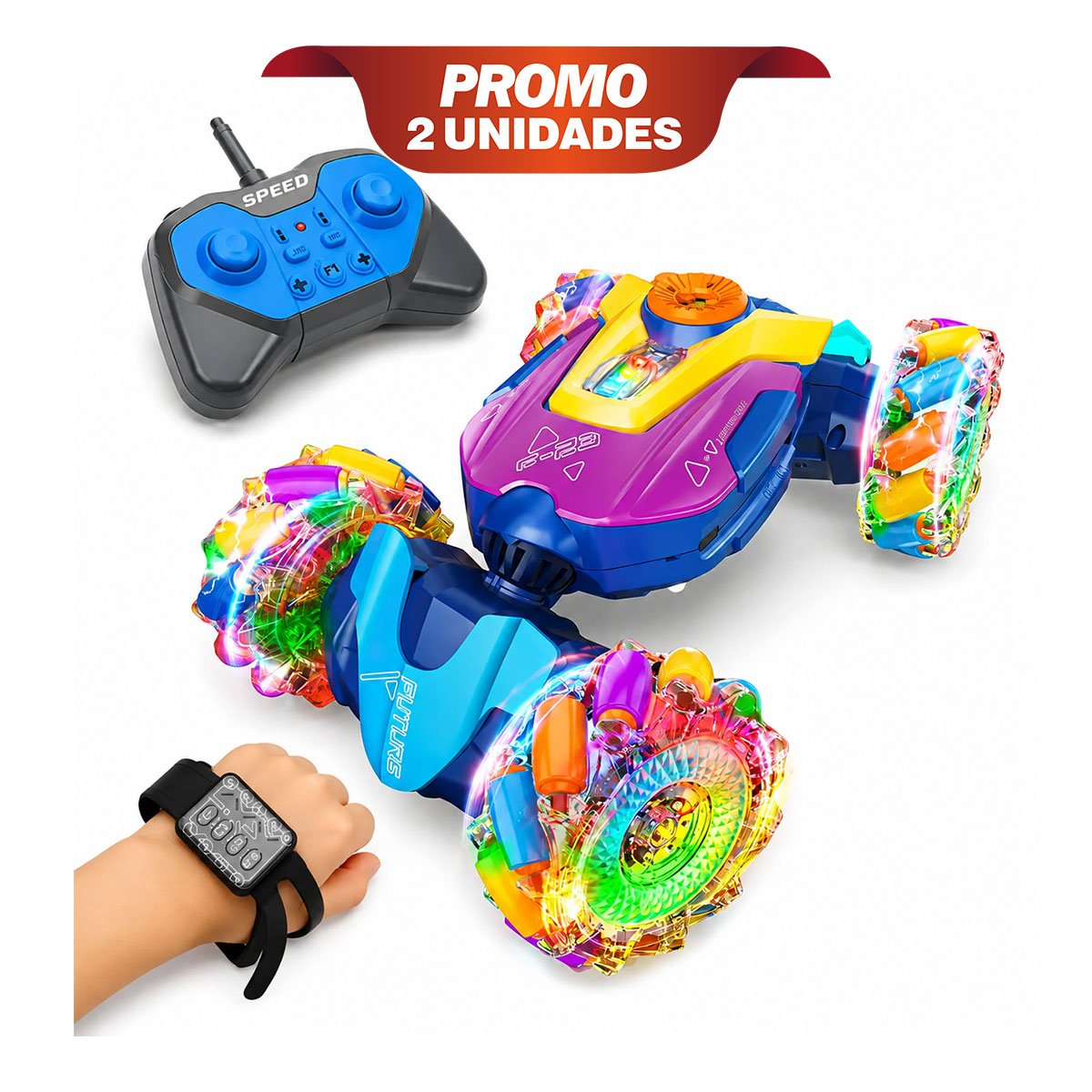PACK2 CARRITO ACROBATICO CON CONTROL Y RELOJ MULTICOLOR PARA NINOS DE CASA NUEVO YPAPEL REGALO - 1