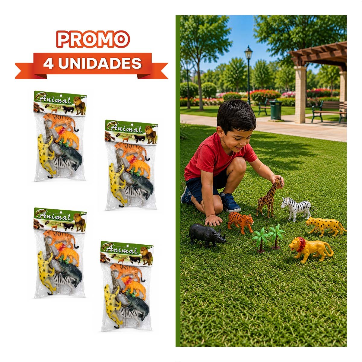 PACK4 ESTUCHE BOLSA ANIMALES SILVESTRES 6 PIEZAS Y 2 PALMERAS MULTICOLOR YREGALO STICKER - 1