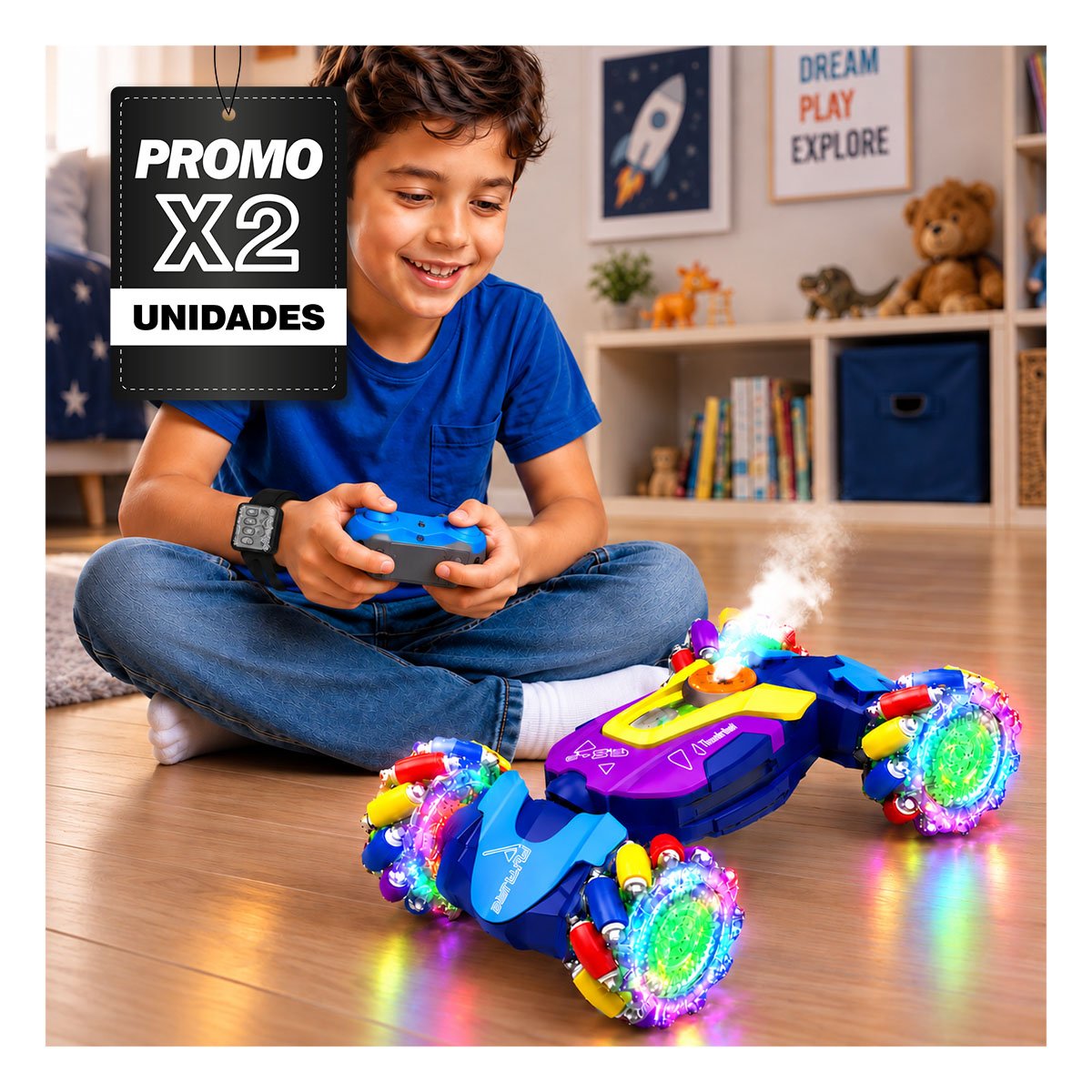 PACK2 CARRO ACROBATICO CON CONTROL Y RELOJ MULTICOLOR PARA NINOS DE JUEGO CASA - 1