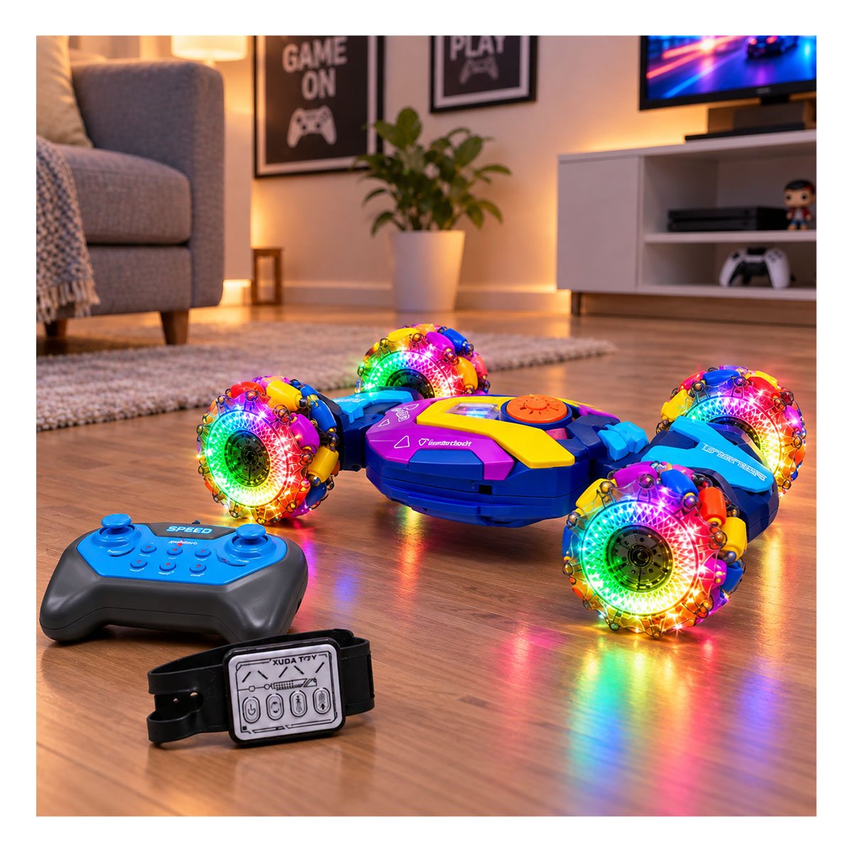 AUTO ACROBATICO CON CONTROL Y RELOJ MULTICOLOR PARA NINOS DE JUEGO EN CASA - 1