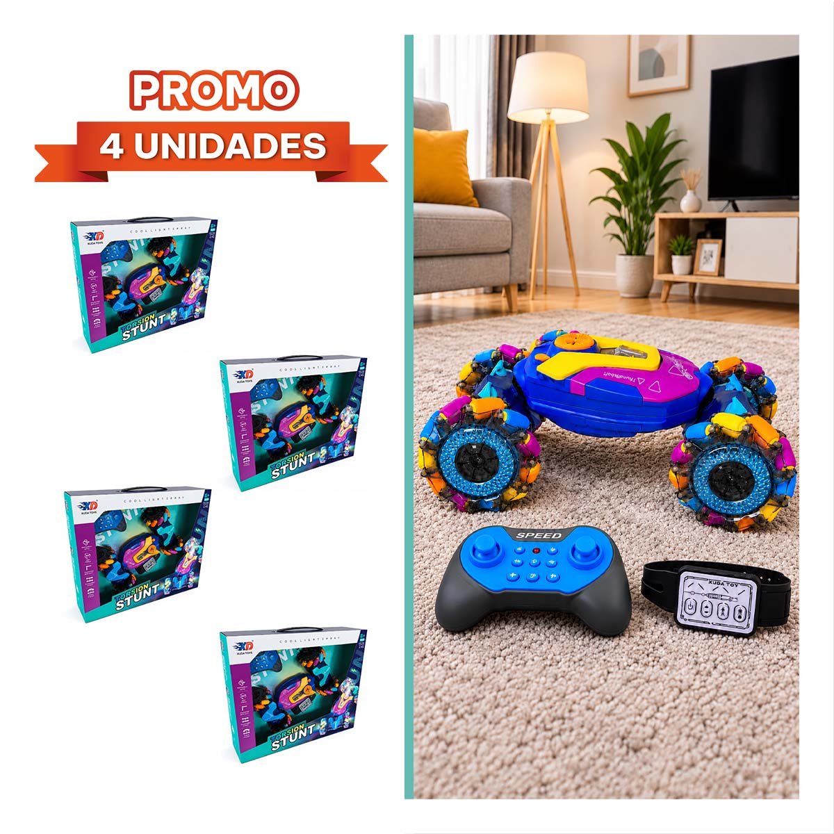 PACK4 MOVIL ACROBATICO CON CONTROL Y RELOJ MULTICOLOR PARA NINOS CON DIVERSION YREGALO STICKER - 1