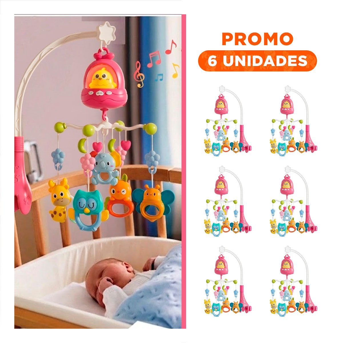 PACK6 MOVIL DECORATIVO PARA CUNA CON POLLO ROSADO MUSICAL INFANTIL - 1
