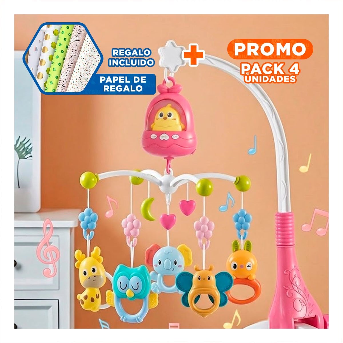 PACK4 COLGANTE POLLO ROSADO MUSICAL PARA CUNA Y DORMITORIO DEL BEBE YPAPEL REGALO - 1