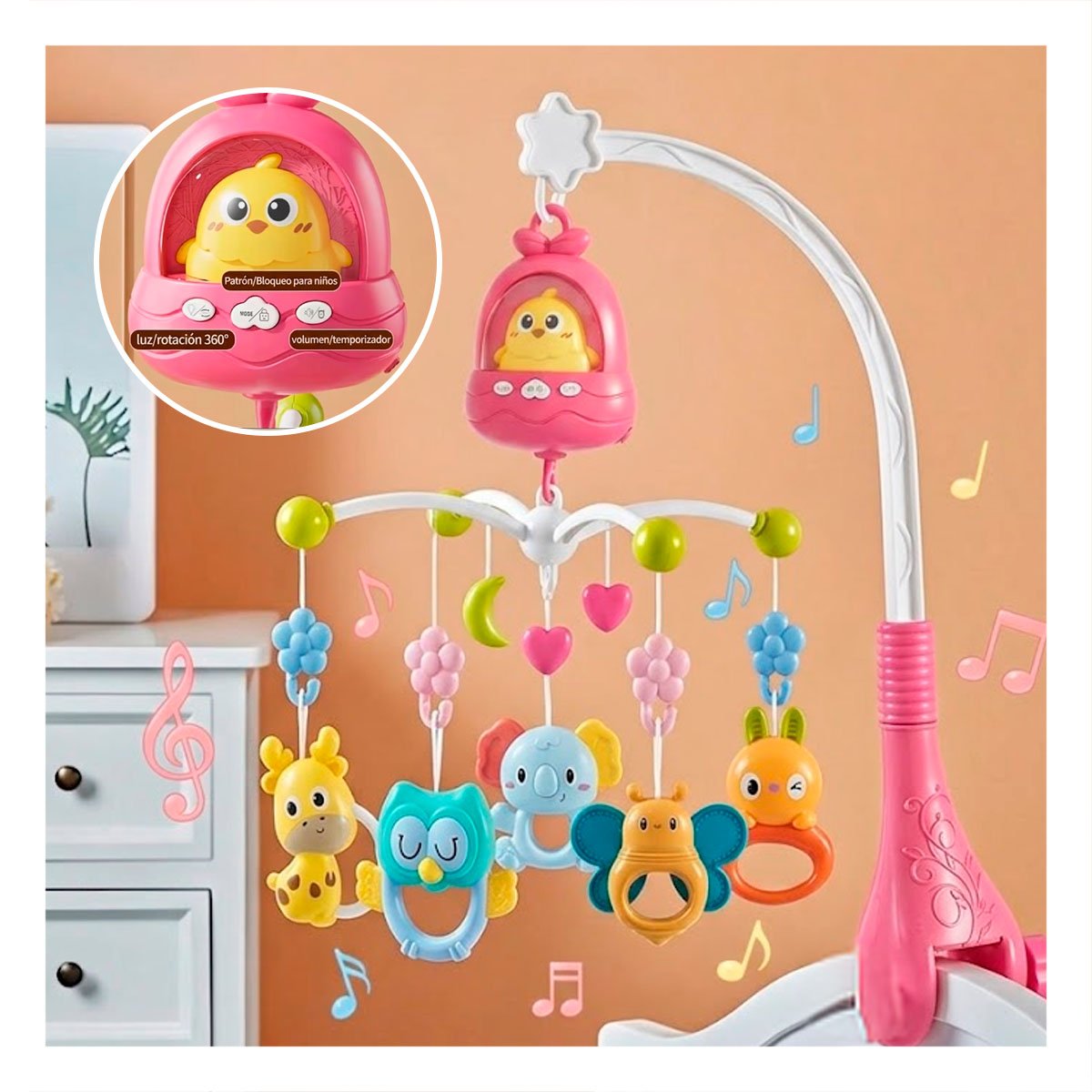 JUGUETE MUSICAL POLLO ROSADO PARA CUNA CON SONIDO RELAJANTE Y REGALO STICKER - 5