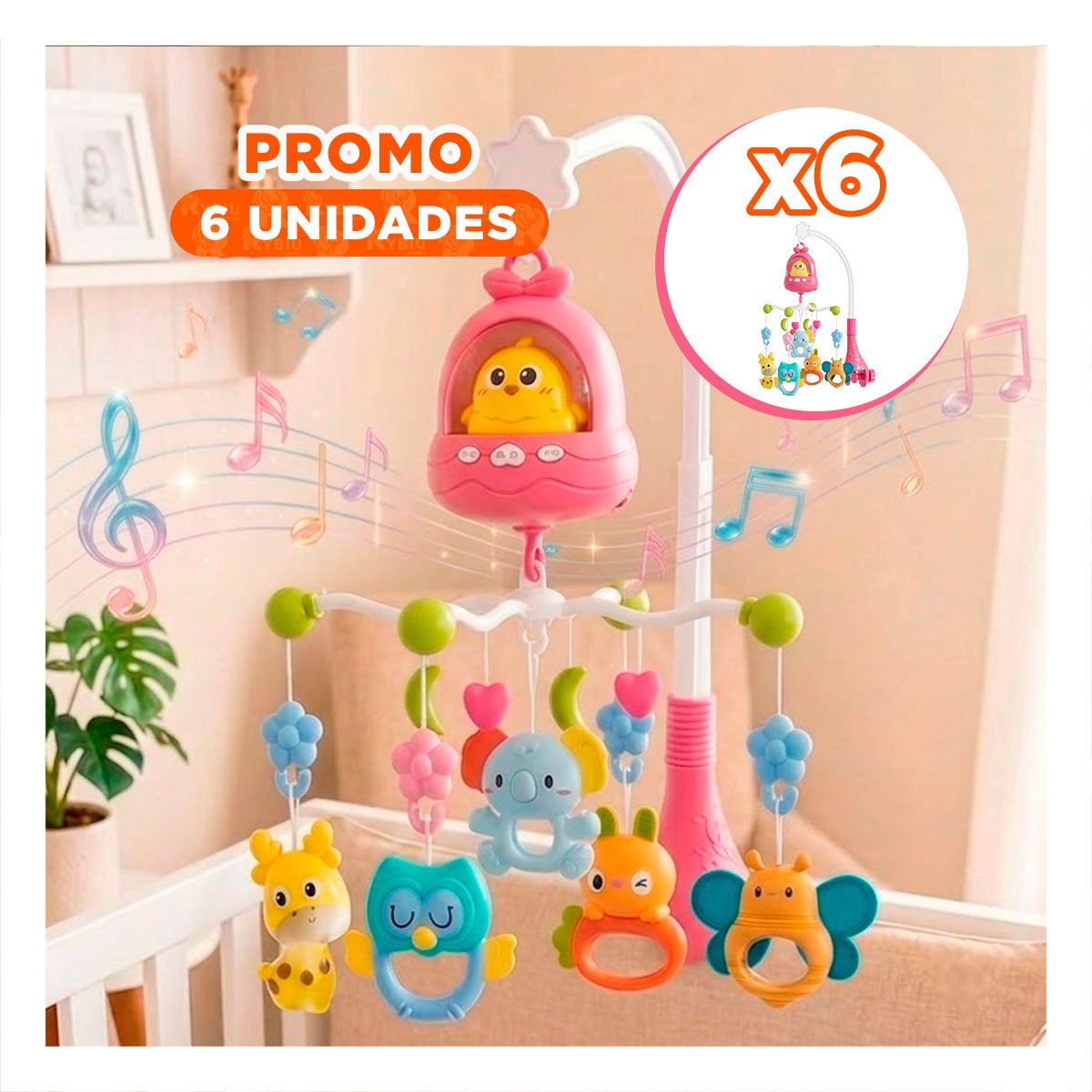 PACK6 JUGUETE MUSICAL PARA DORMITORIO INFANTIL POLLO ROSADO Y CUNA YREGALO STICKER - 1