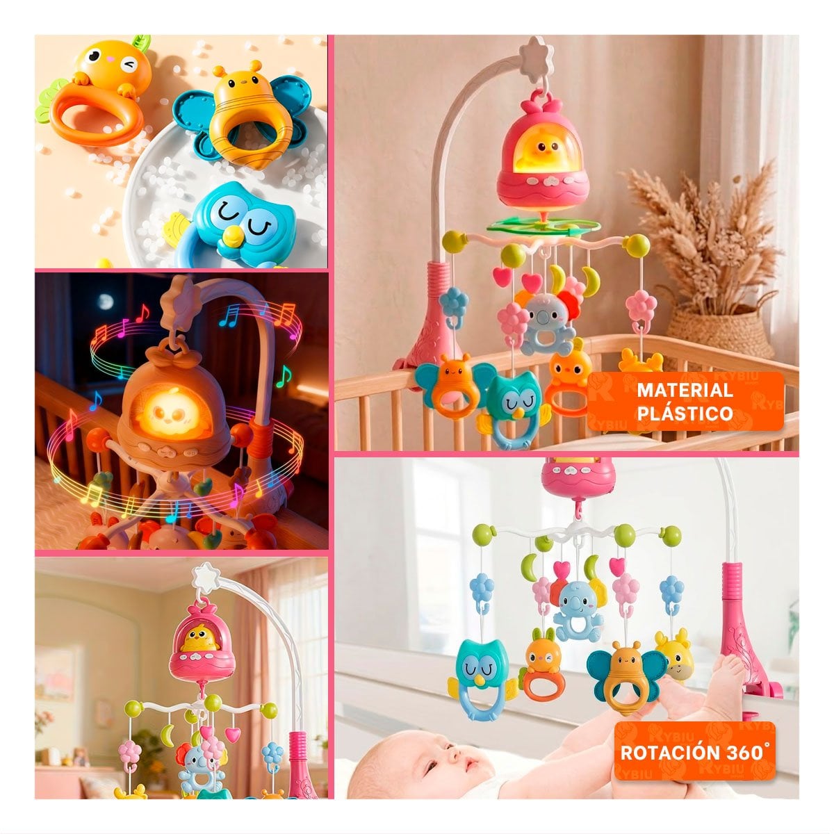 MOVIL PARA BEBE MUSICAL CON POLLO ROSADO PARA CUNA INFANTIL Y STICKY - 5