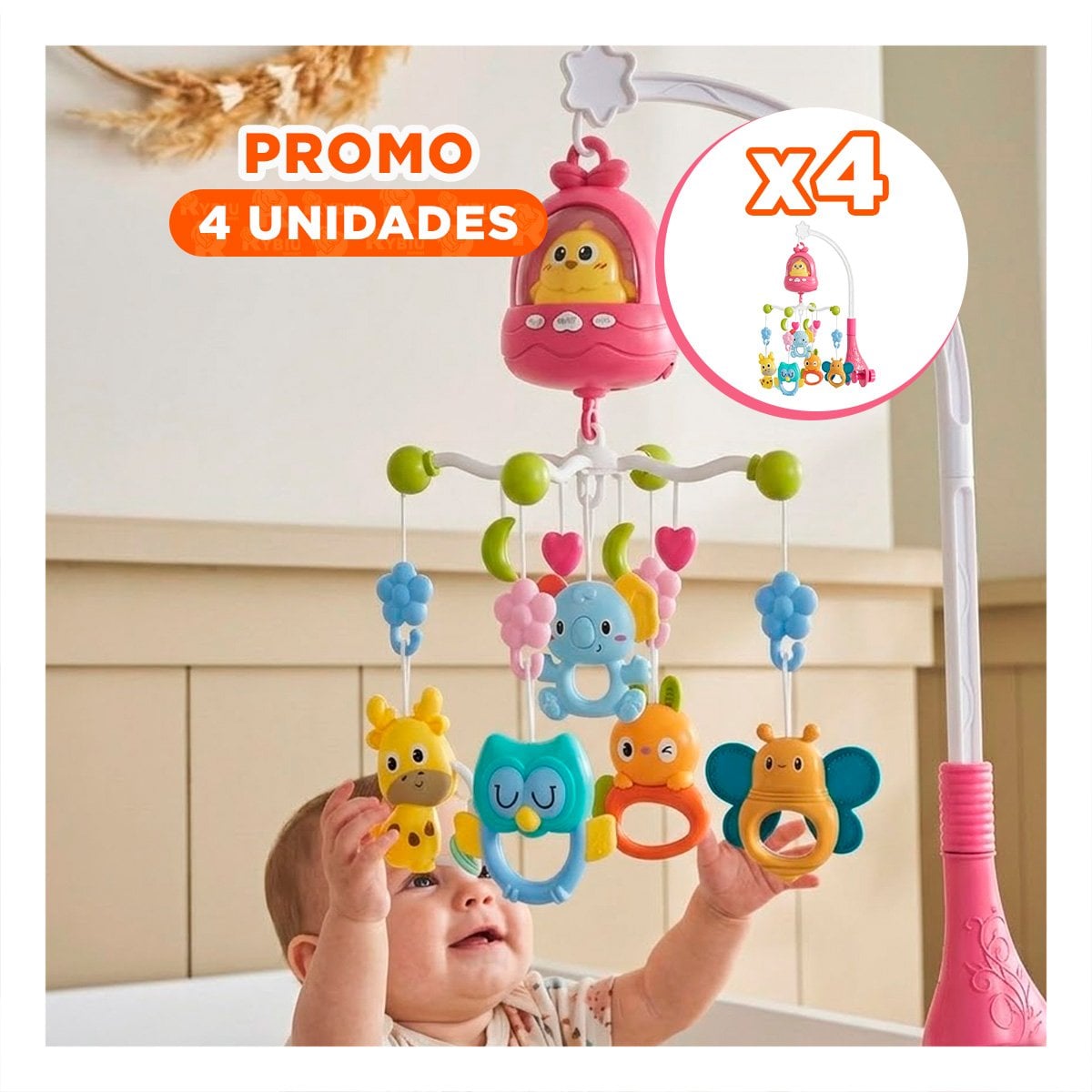PACK4 MOVIL INFANTIL PARA CUNA POLLO ROSADO CON MELODIA MUSICAL - 1