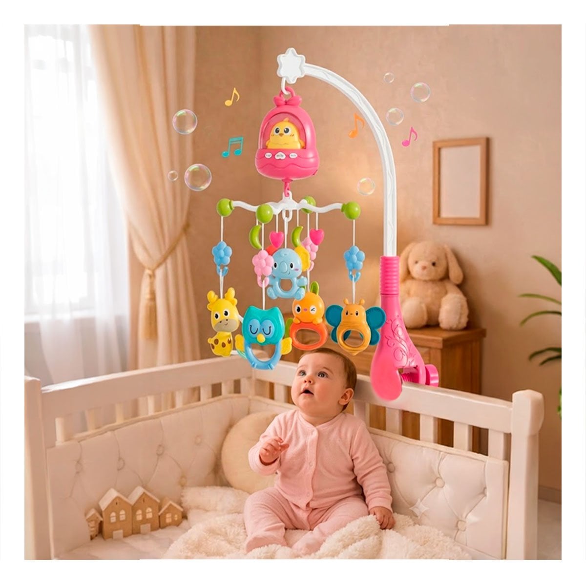 PACK4 MOVIL INFANTIL PARA CUNA POLLO ROSADO CON MELODIA MUSICAL - 5