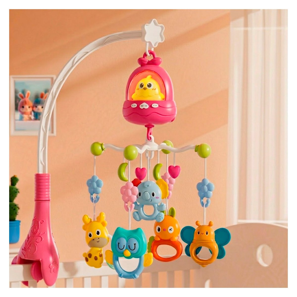 CARRUSEL PARA CUNA POLLO ROSADO CON MELODIA MUSICAL INFANTIL Y LIGAS REGALO - 1