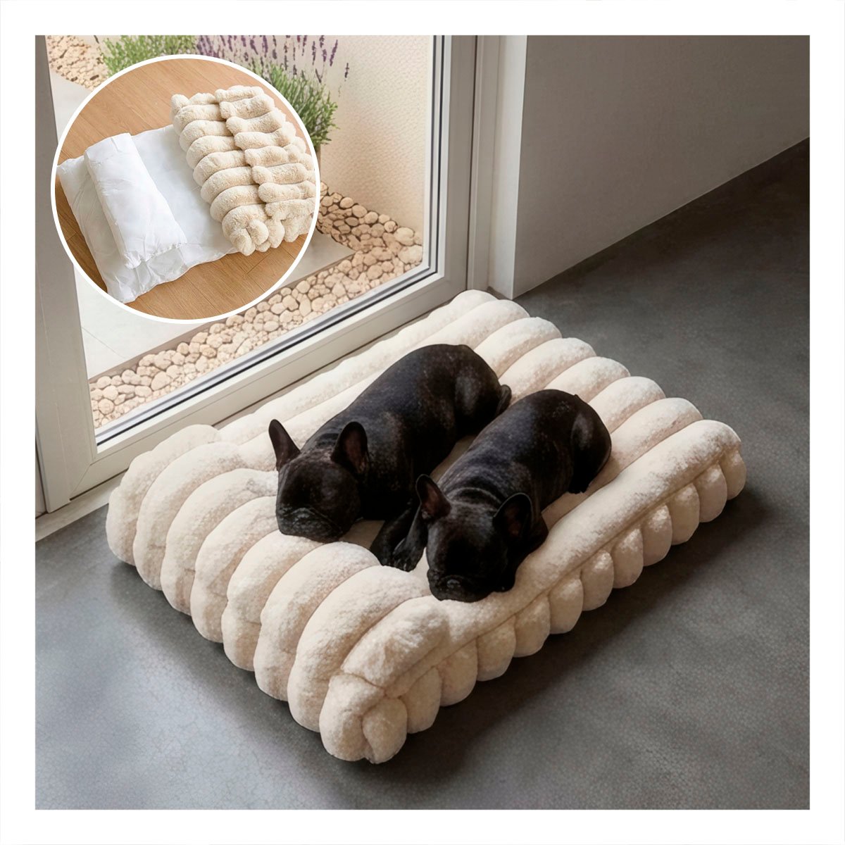 PACK2 PUF RECTANGULAR CON ALMOHADA EN RAYAS CREMA PARA MASCOTAS Y DESCANSO COMODO YPAPEL REGALO - 3