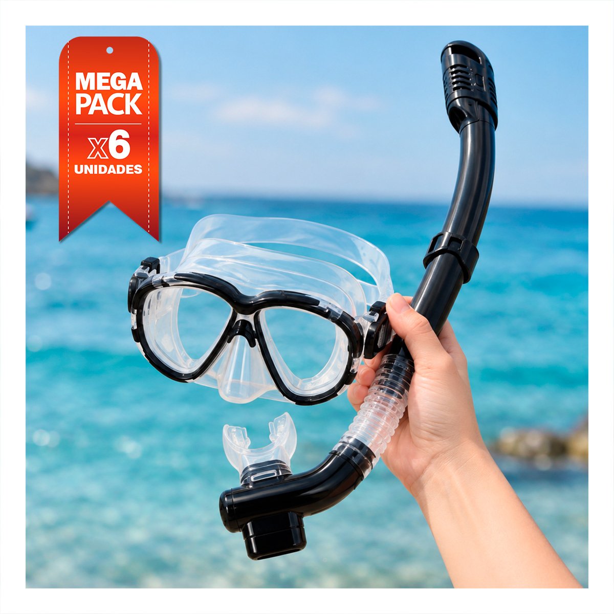 PACK6 KIT DE BUCEO 2 PIEZAS VISOR Y SNORKEL COLOR TRANSPARENTE Y NEGRO PARA PLAYA YPAPEL REGALO - 1