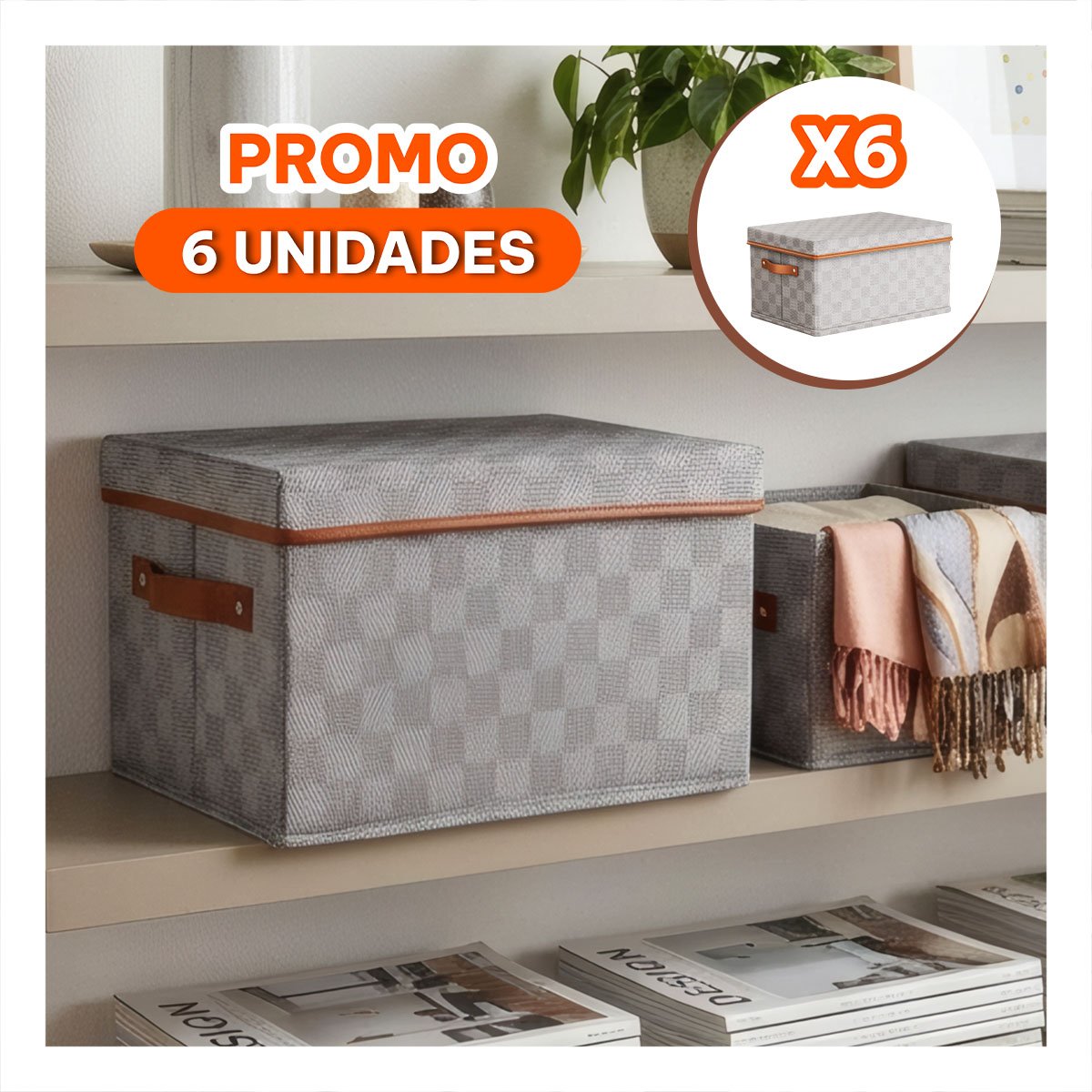 PACK6 BAUL 25,5X36X20,5 CON DISEÑO DE CUADROS PLOMO PARA DORMITORIO Y SALA YREGALO STICKER - 1