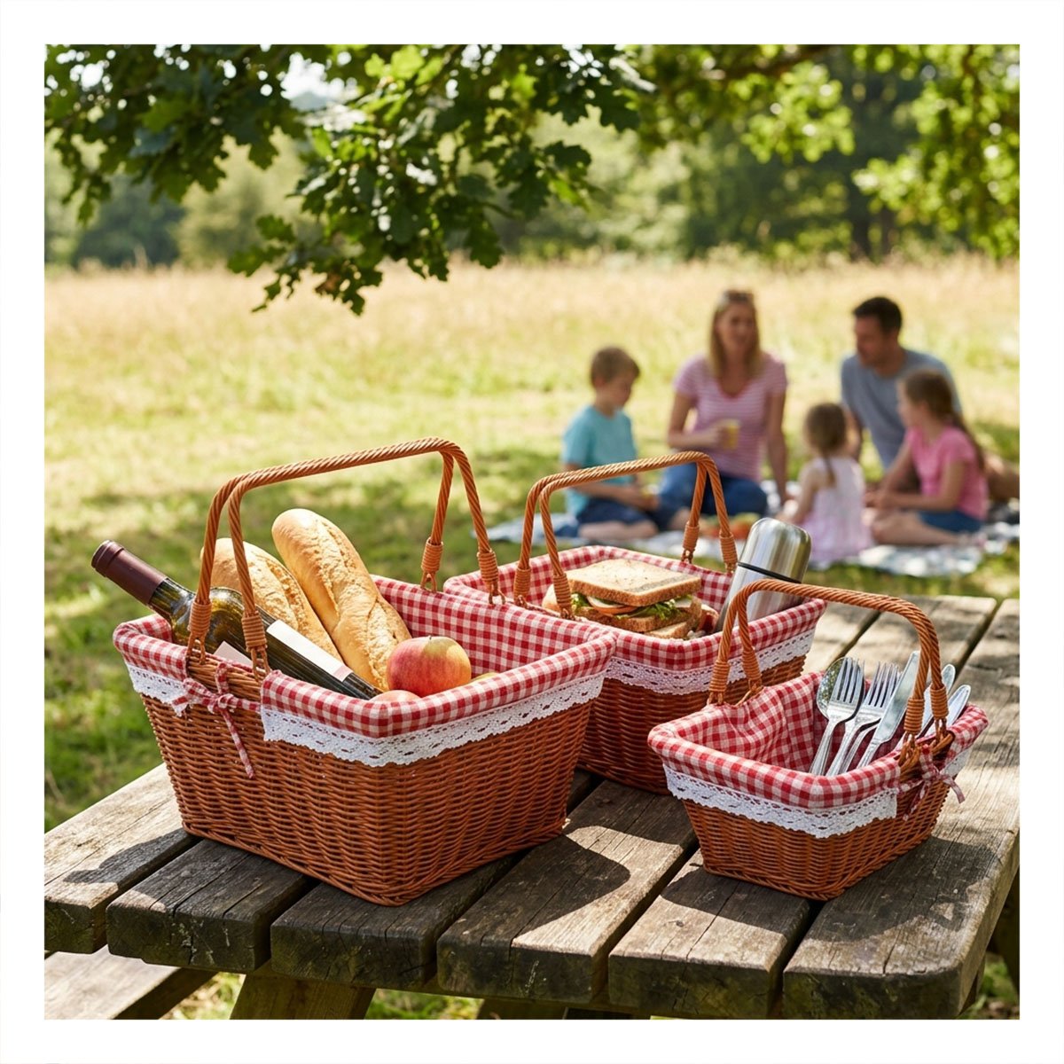 SET 3 CESTA MOSTAZA Y ROJO PARA PICNIC CON FORRO Y STICKY - 1