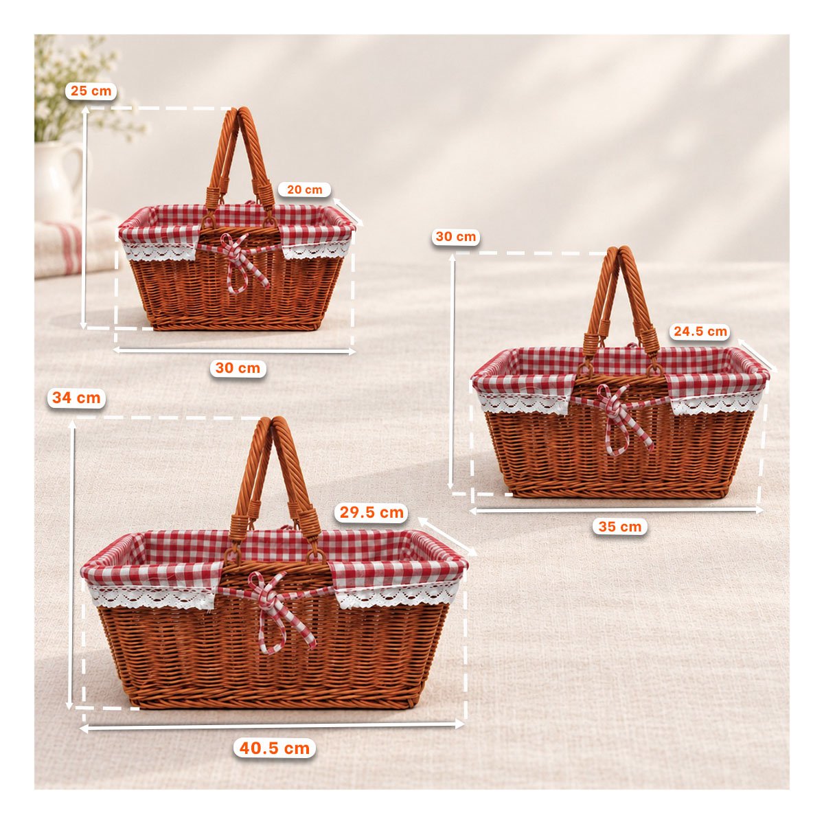 SET 3 CESTA MOSTAZA Y ROJO PARA PICNIC CON FORRO Y STICKY - 2