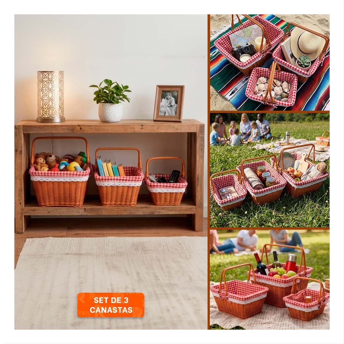 SET 3 CESTA MOSTAZA Y ROJO PARA PICNIC CON FORRO Y STICKY - 3