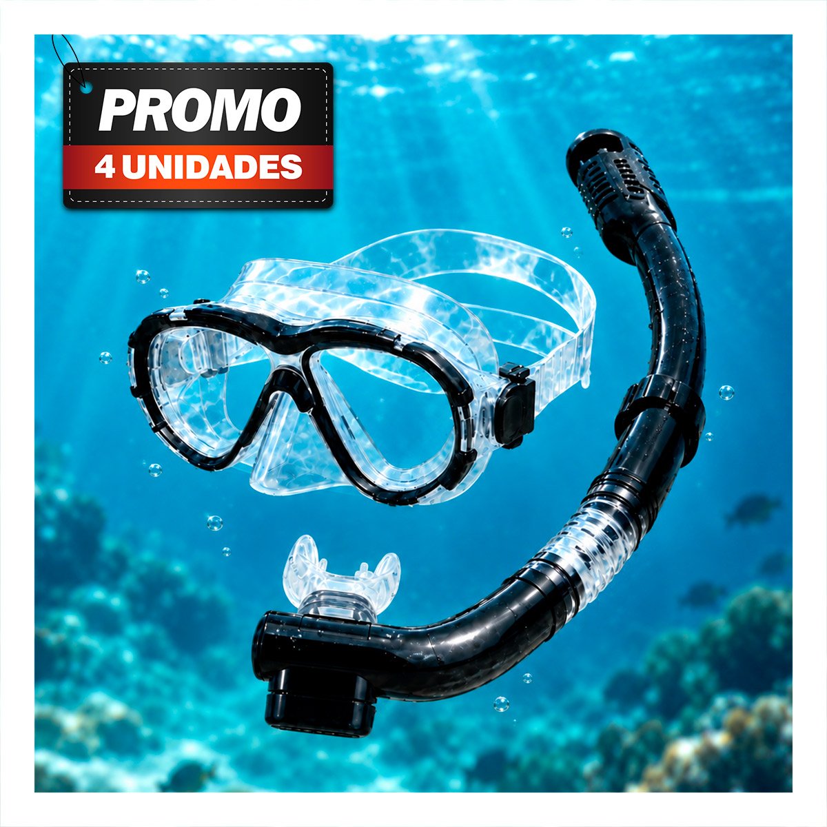 PACK4 PAR DE BUCEO 2 PIEZAS MASCARILLA Y SNORKEL TRANSPARENTE Y NEGRO PARA NATACION - 1