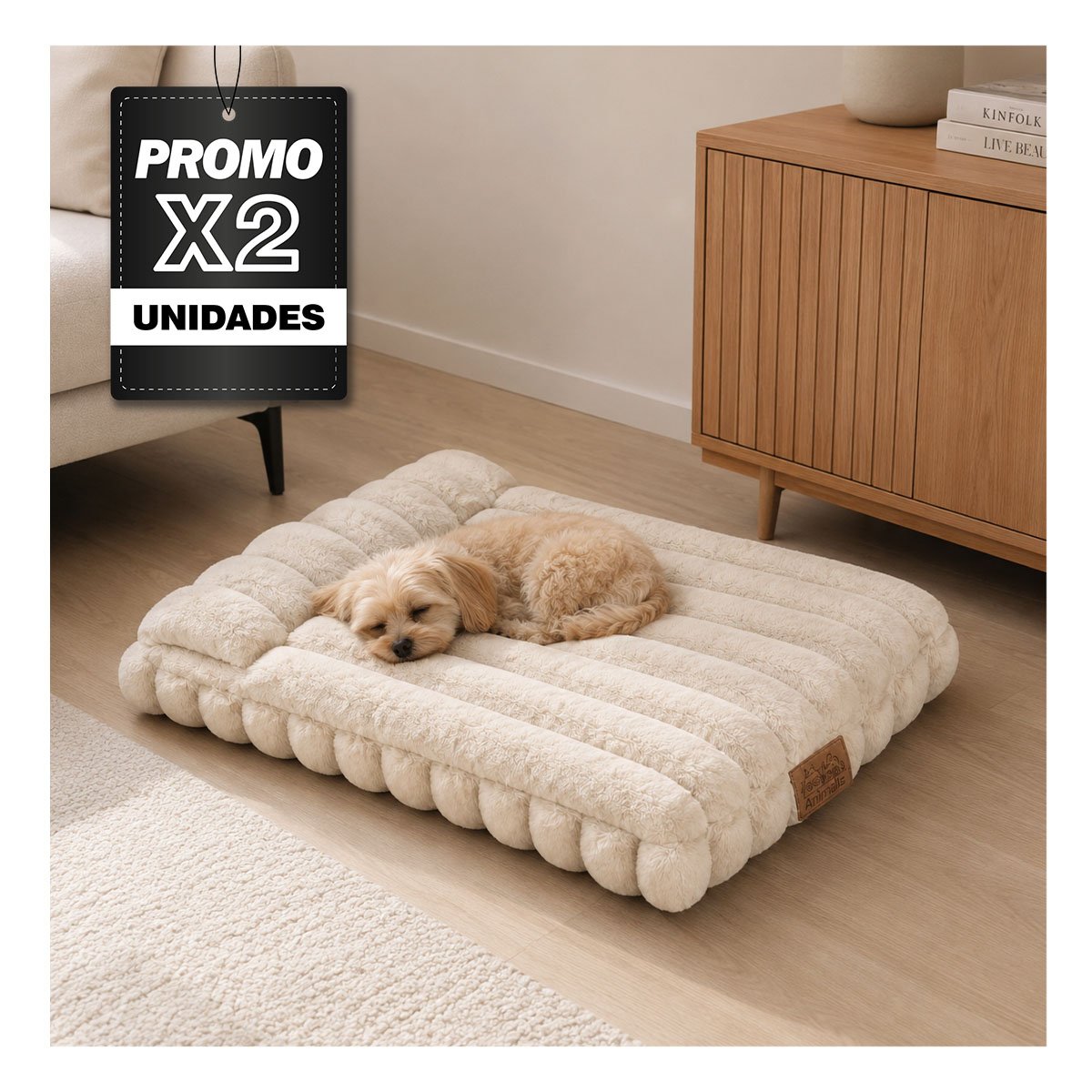 PACK2 COLCHONETA RECTANGULAR CON ALMOHADA A RAYAS PARA MASCOTAS Y PERROS CREMA - 1