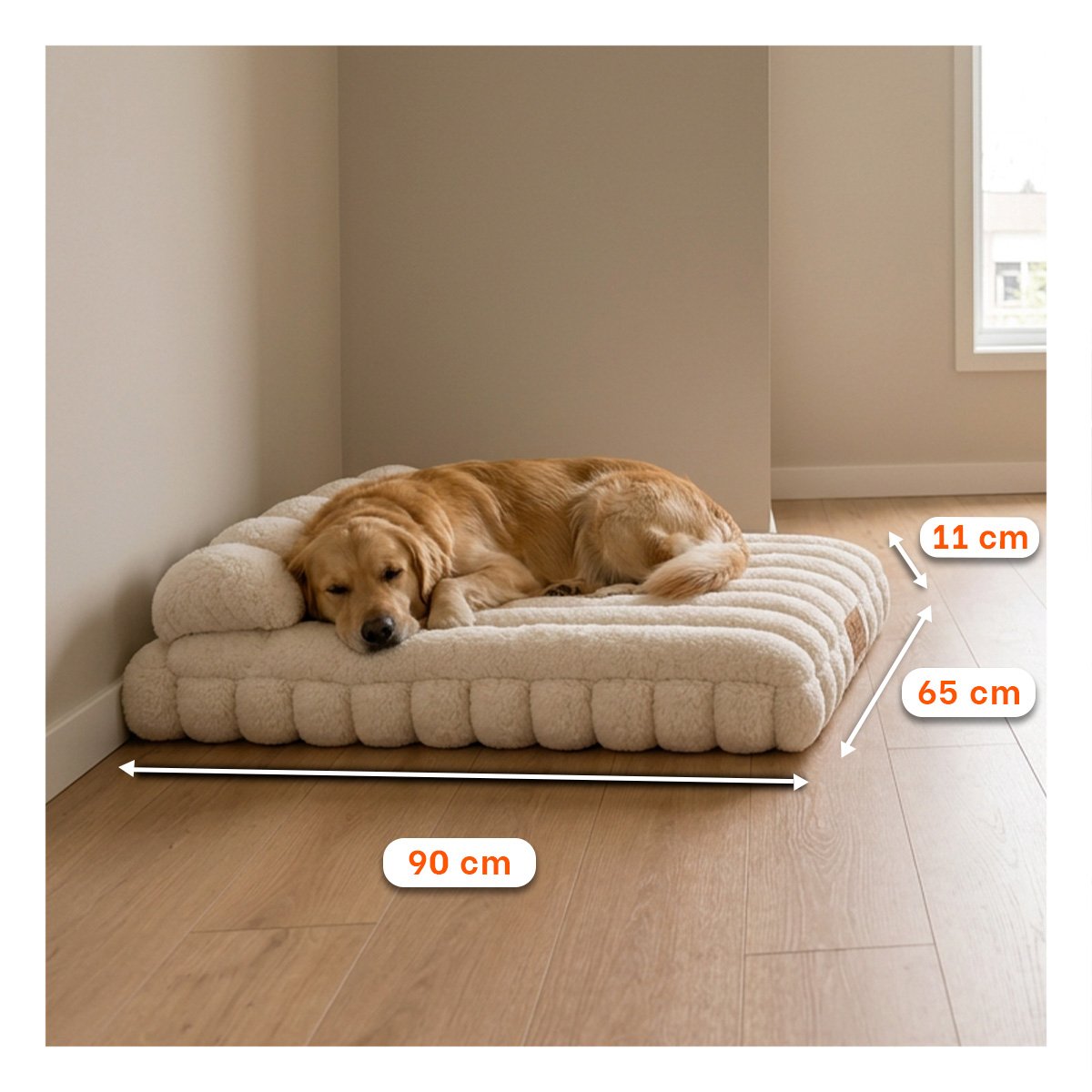 CAMA RECTANGULAR CON ALMOHADA A RAYAS PARA MASCOTAS Y PERROS SUAVE CREMA - 2