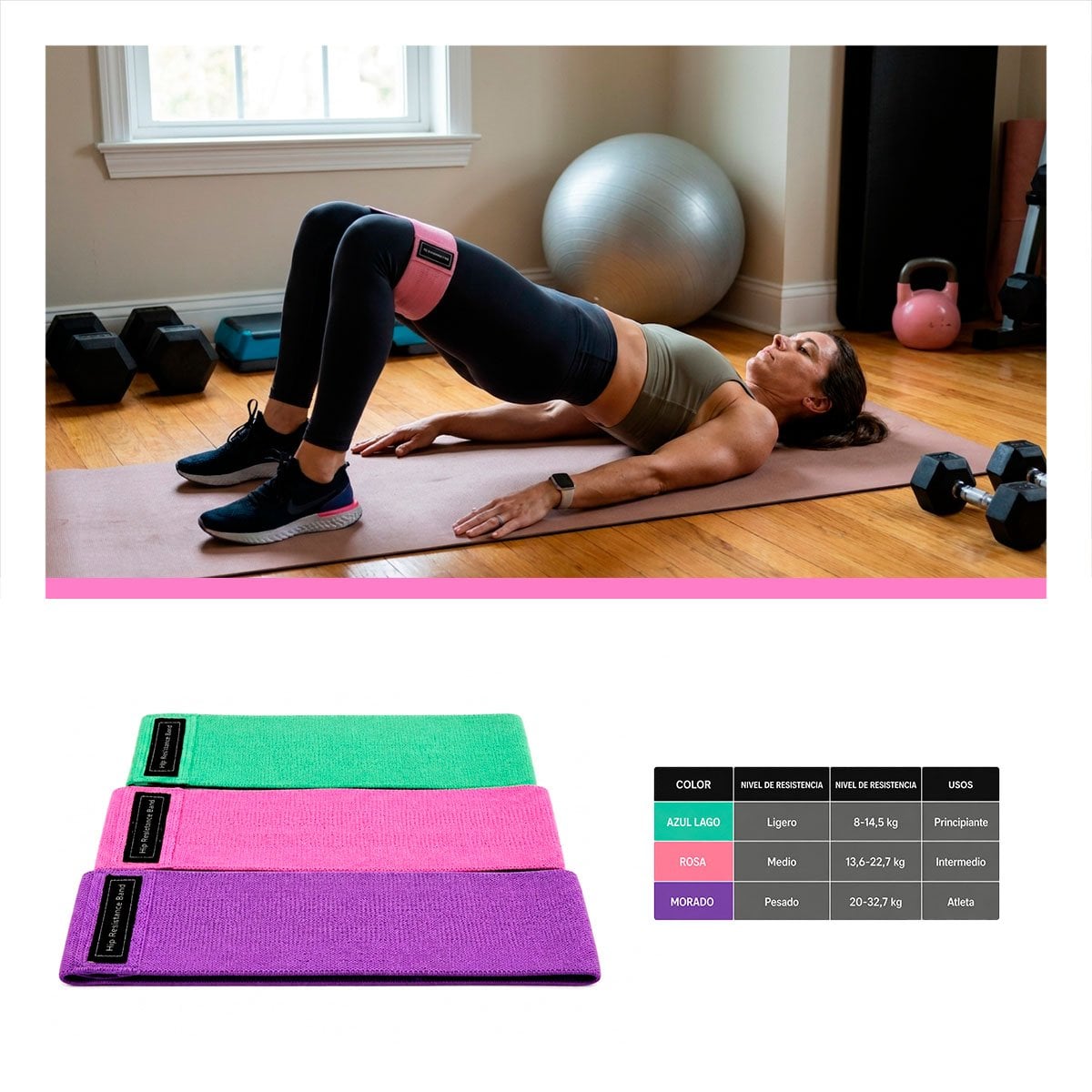 COMBO COMPLETO DE BANDAS DE RESISTENCIA TELA PARA RUTINAS FITNESS Y LIGAS REGALO - 1