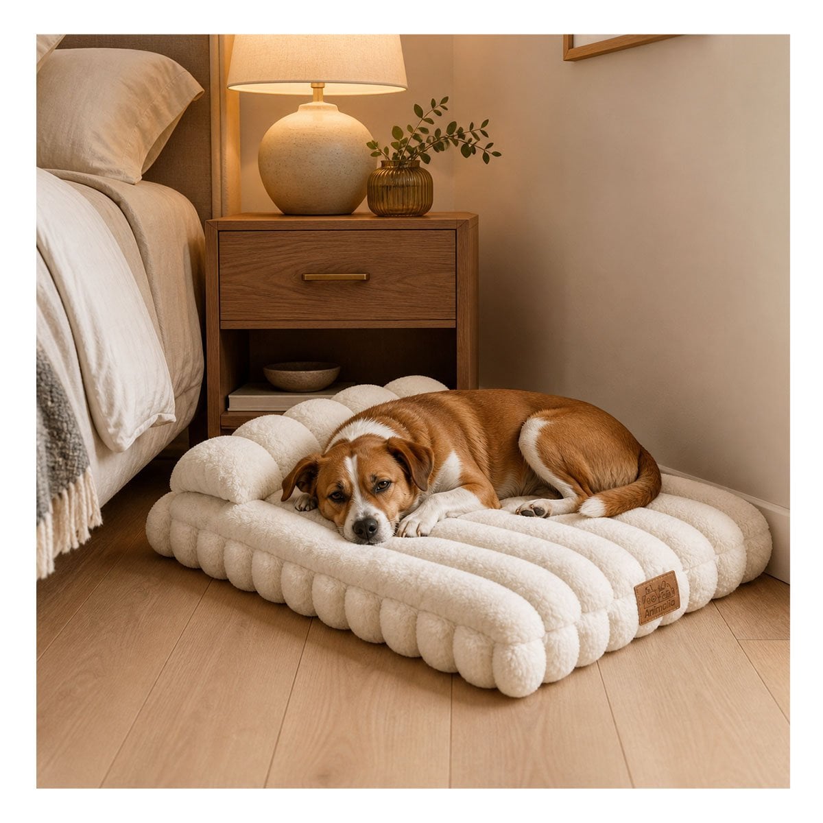 COJIN RECTANGULAR CON ALMOHADA A RAYAS PARA MASCOTAS Y PERROS CASA CREMA Y REGALO STICKER - 1