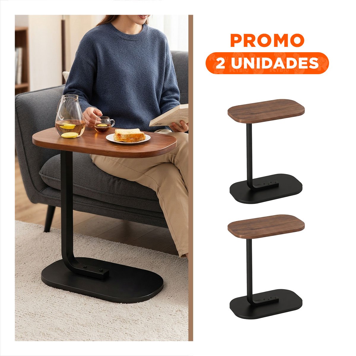 PACK2 MESA LATERAL NEGRO Y MARRON PARA DORMITORIO Y SALA TIPO C RECTANGULAR YREGALO STICKER - 1