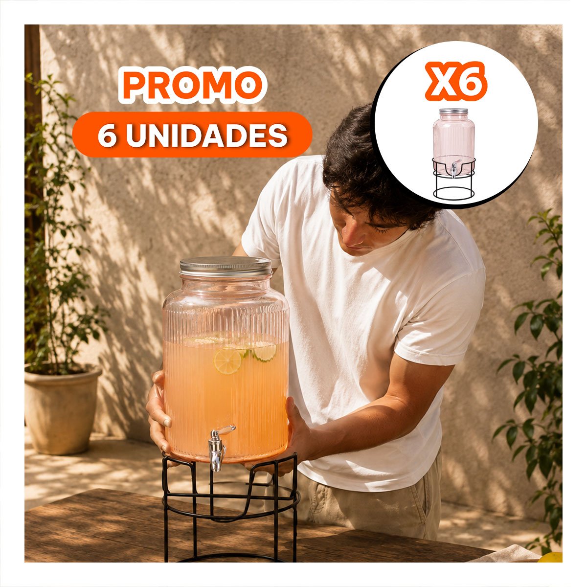 PACK6 RECIPIENTE DE JUGOS TRANSPARENTE NARANJA 8L CON BASE CIRCULAR METALICA YREGALO STICKER - 1