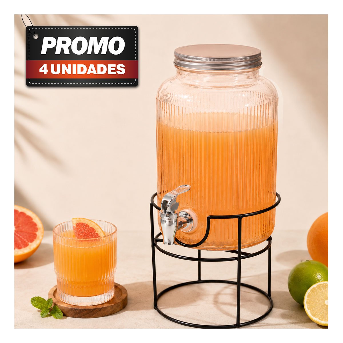PACK4 DISPENSADOR DE JUGOS CON BASE METALICA CIRCULAR 8L TRANSPARENTE NARANJA - 1