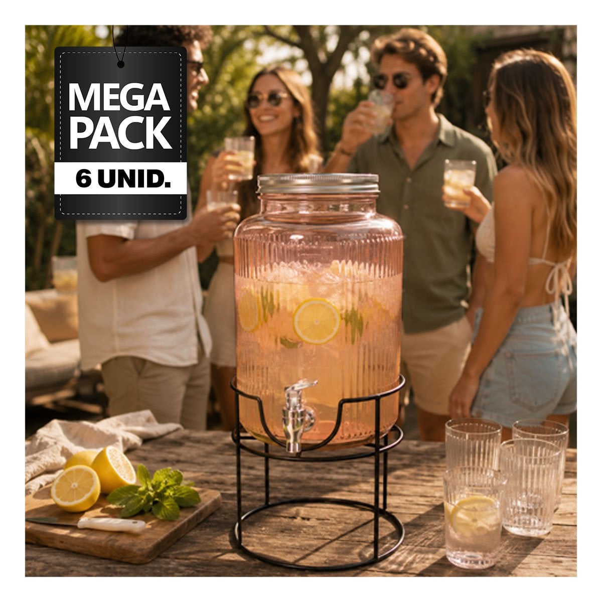 PACK6 DISPENSADOR CIRCULAR DE BEBIDAS 8L CON BASE METALICA TRANSPARENTE NARANJA - 1