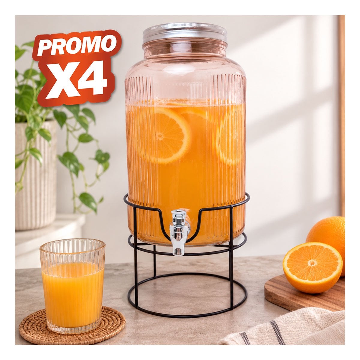 PACK4 CONTENEDOR TRANSPARENTE NARANJA PARA AGUA Y REFRESCOS CON BASE METALICA 8L YPAPEL REGALO - 1