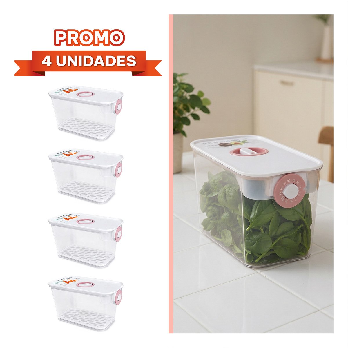 PACK4 TAPER HERMÉTICO ROSADO PARA ALMACENAR COMIDAS PREPARADAS YREGALO STICKER - 1