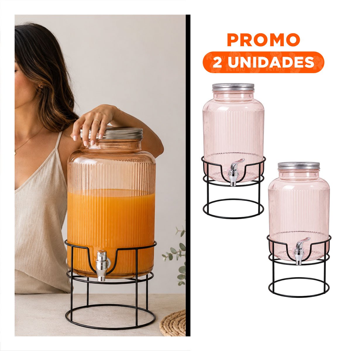 PACK2 SERVIDOR DE BEBIDAS 8L TRANSPARENTE NARANJA CON BASE CIRCULAR METALICA YREGALO STICKER - 1