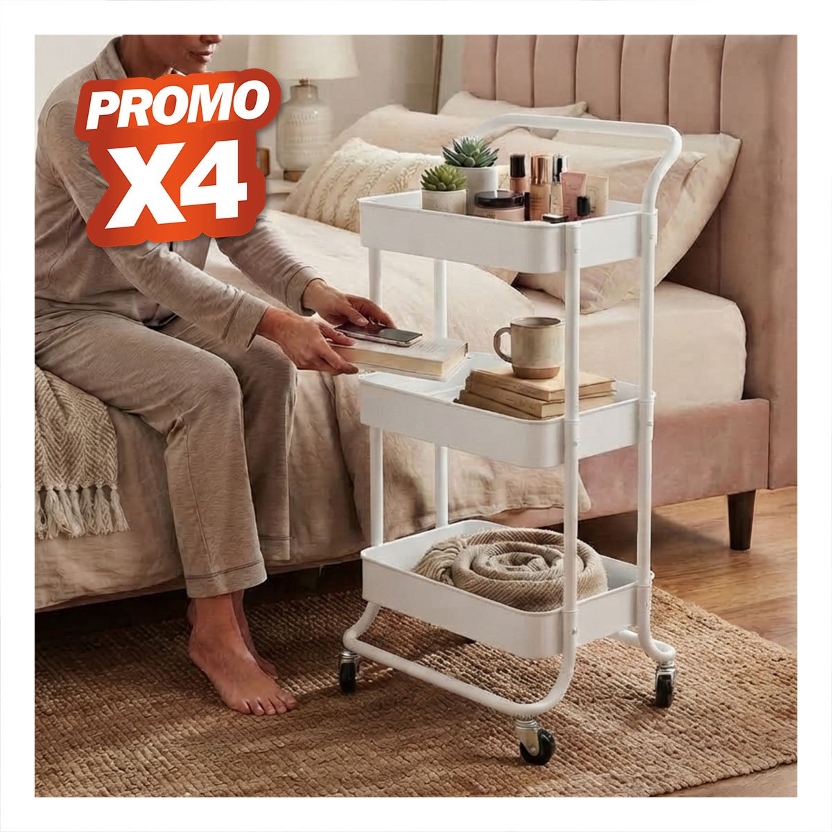 PACK4 ESTANTE CARRITO MULTIUSO 3 NIVELES MANGO GRANDE PARA COCINA Y BANO BLANCO YPAPEL REGALO - 1