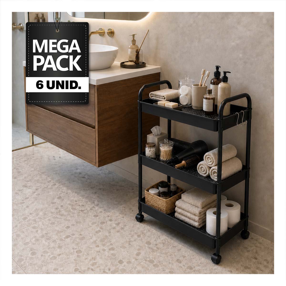 PACK6 CARRITO ESTANTE AUXILIAR DE 3 NIVELES PARA BANO COCINA Y OFICINA NEGRO - 1