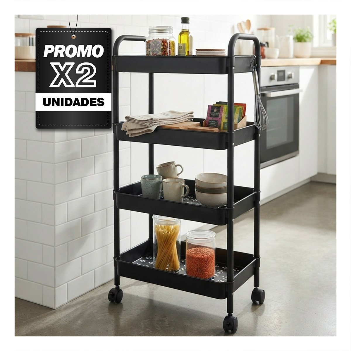 PACK2 ESTANTE CARRITO DE 4 NIVELES CON ASAS DE METAL PARA COCINA Y BANO NEGRO - 1