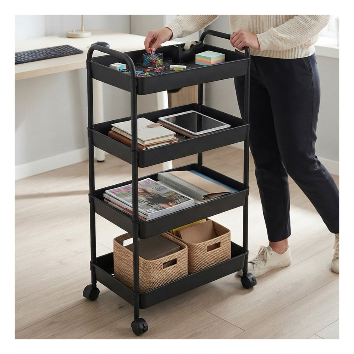 PACK2 ESTANTE CARRITO DE 4 NIVELES CON ASAS DE METAL PARA COCINA Y BANO NEGRO - 3