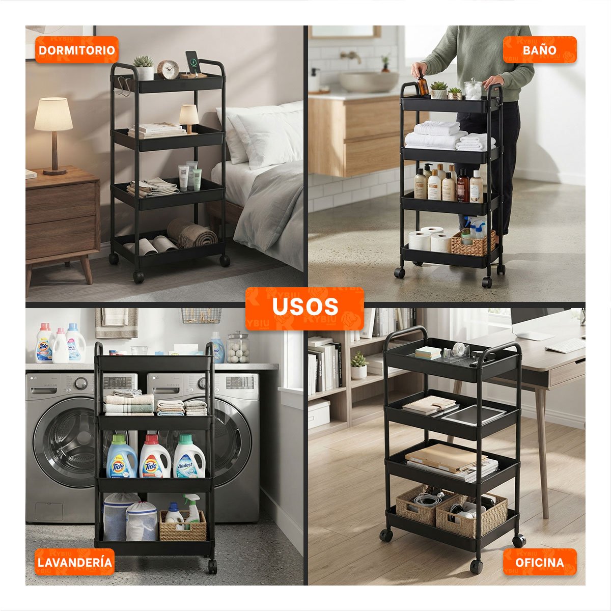 PACK2 ESTANTE CARRITO DE 4 NIVELES CON ASAS DE METAL PARA COCINA Y BANO NEGRO - 4